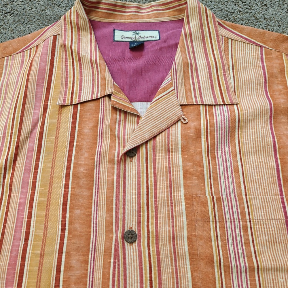 Tommy Bahama Mens XL Silk Camp Shirt Orange Pink Striped Short Sleeve Button Up - Picture 11 of 12